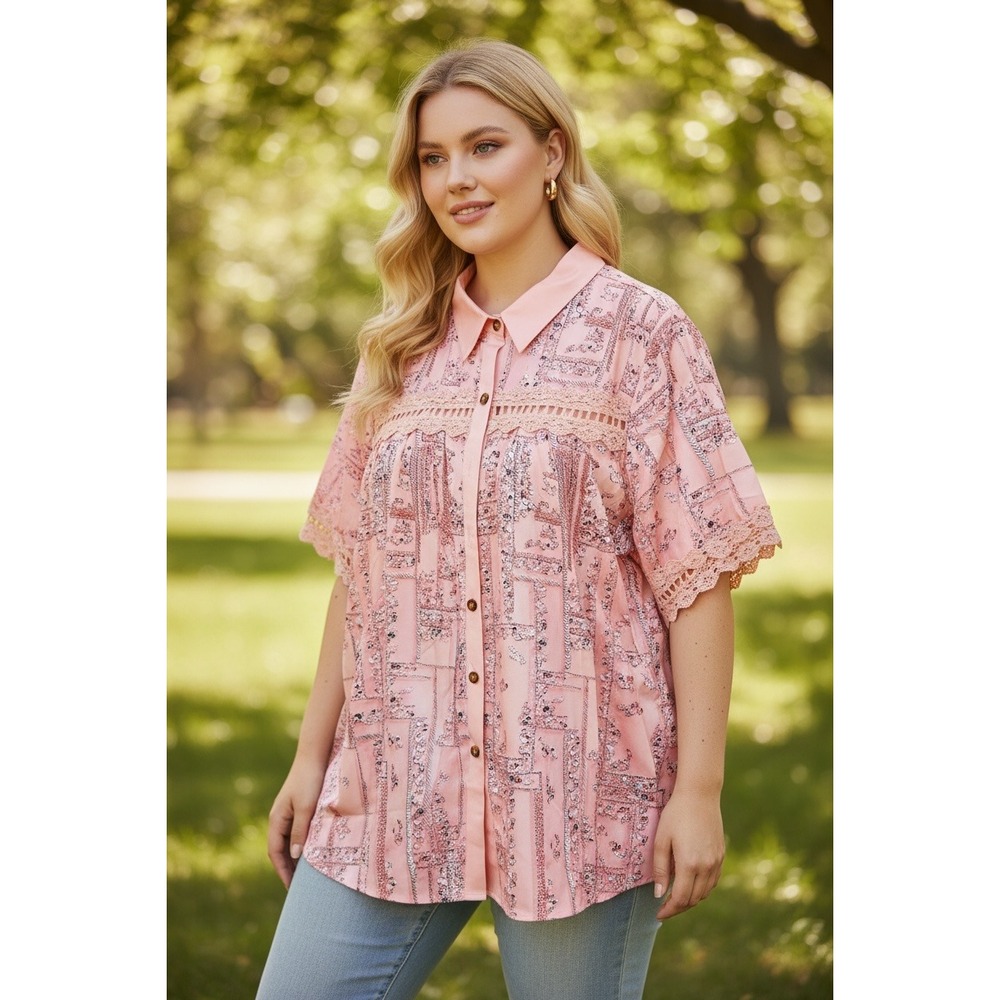 Peach Geometric Floral Lace Trim Button Down Plus Size 4X Short Sleeve Blouse